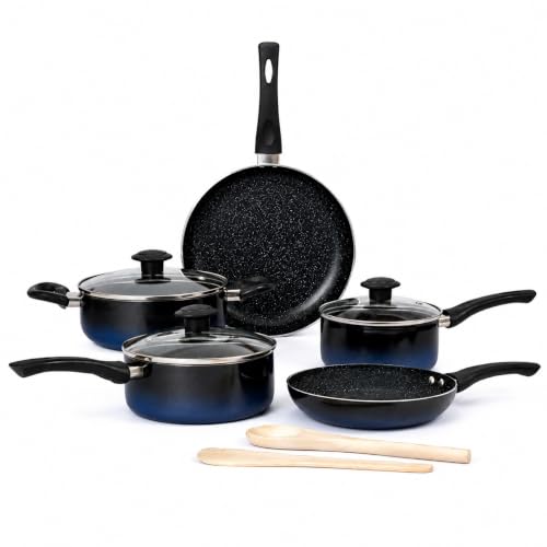 Image of Kreme Aura Granite Non Stick Cookware Set 10pcs | Aluminium Cookware Set | Fry Pan 20cm, 26cm, Sauce Pan 16cm, 18cm, Casserole Pot 20cm with 3 Glass Lid | Induction & Gas Compatible, Blue | Granite Cookware Set