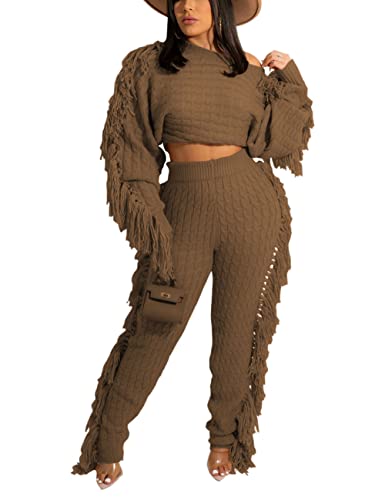 Image of KANSOON 2 Piece Sweater Set for Women Cable Knit Fringe Crop Top and Pants | Cozy feel, ribbed high waist, comfortable stretch fit for birthday and chilly going-out outfits