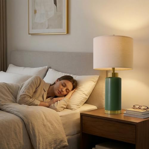 Image of USumkky 25 inch Green Ceramic Table Lamp Set of 2, Modern Mid-Century Bedside Nightstand Lamps for Bedroom Living Room, Linen Shade & Gold Metal Base, Rotary Switch E26 (Bulbs Excluded)