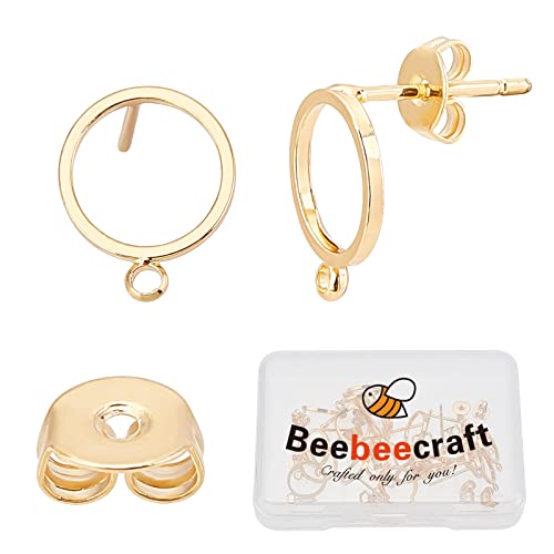 Beebeecraft 1 Box 20Pcs 18K Gold Plated Stud Earrings With Loop Simple Circle Geometry Earring Posts With 20Pcs Butterfly Ear Back For Valentine's Day Women Girl Jewelry Making #TOP1