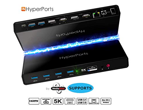 HYPERPORTS USB C Dual 4K Docking Station: Single 5K@60Hz/Dual 4K @60HZ 2 HDMI+2
