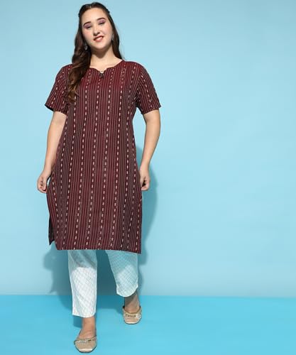 Image of Cotton Dobby Woven Design V- Neck Elbow Sleeves Knee Length Kurta for Women's