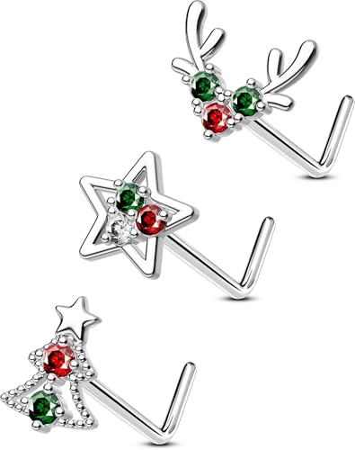 OUFER 3PCS 20G Christmas L-Shaped Nose Studs 316L Stainless Steel Red & Green Nose Rings Studs Holiday Piercing Jewelry for Nostril Piercing Perfect Christmas Nostril Jewelry for Women and Men