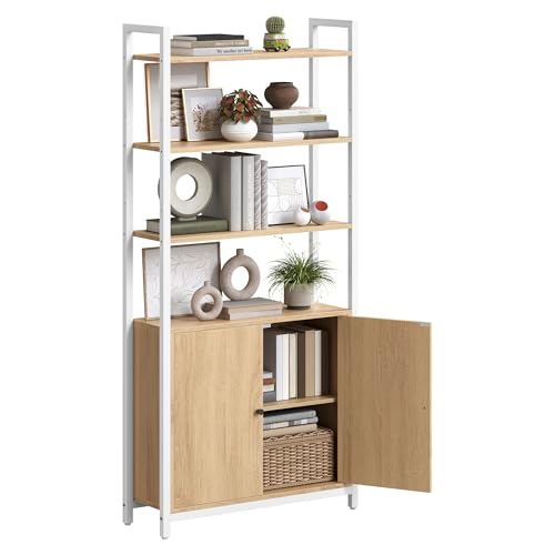 VASAGLE Bibliothèque Verticale à 6 Niveaux avec Porte, Structure en Métal, Étagères Réglables, 24 x 60 x 159,5 cm, pour Salon, Chambre, Doré Chêne et...