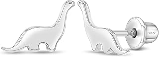 925 Sterling Silver Polished Dinosaur Screw Back Earrings For Little Girls, Preteens & Teens - Gentle Dinosaur Earrings For Young Girls With Sensitive Skin - Classic Dinosaur Shaped Girl Earrings