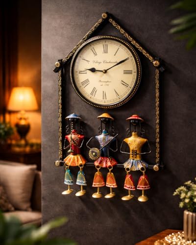 Image of Metal Wall Clock with Decorative Traditional Rajasthani Musician | Stylish Iron Wall Art for Living Room, Bedroom, Office | Unique Diwali Gift & Home Decor | Fancy Clock for Living Room