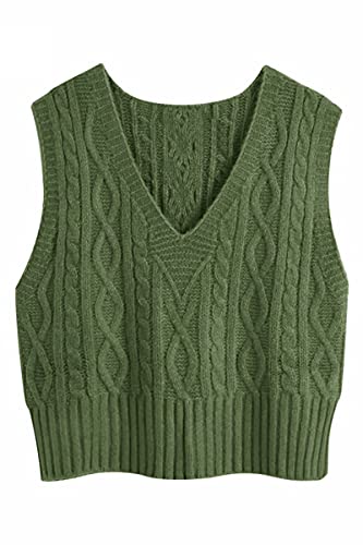 Pullunder para mujer sin mangas cuello en V chaleco de punto jersey elegante jersey de punto jersey casual mujer otoño invierno jersey chaleco tipo suéter, verde, L