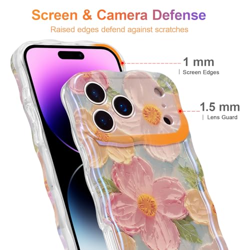 EYZUTAK Case for iPhone 17 Pro Max, Colorful Retro Oil Painting Printed Flower Laser Glossy Pattern Cute Curly Wave Edge Exquisite Phone Cover Stylish Durable TPU Protective Case for Girl Women-Green - Image 5