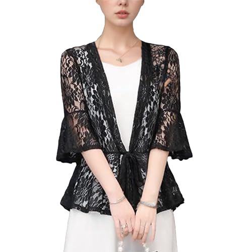Image of FindThy Women's 3 /4 Flare Sleeve Lace Cardigan Tie Knot Front Floral Knitted Cover Up Shrugs