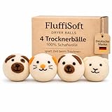fluffisoft Trocknerbälle aus 100% Schafwolle - 4er Set mit Tiermotiven - wiederverwendbare Trocknerbälle für den Wäschetrockner-nachhaltige Alternative zum Weichspüler-hochwertige Box