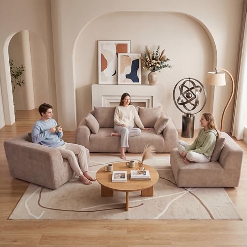 Image of KEIKI 118 inch Oversized Cloud Sectional Couches for Living Room, Velvet Curved Sectional Boneless L-Shape Chaise Sofa with Compression Memory Foam, No Assembly Modular Sofa for Family Space, Beige