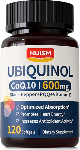 NUISM CoQ10 600mg Softgels Ubiquinol Q10 Coenzyme Supplement Coq 10 600mg Vitamins Maximum Absorption Antioxidant Support for Heart Health & Energy
