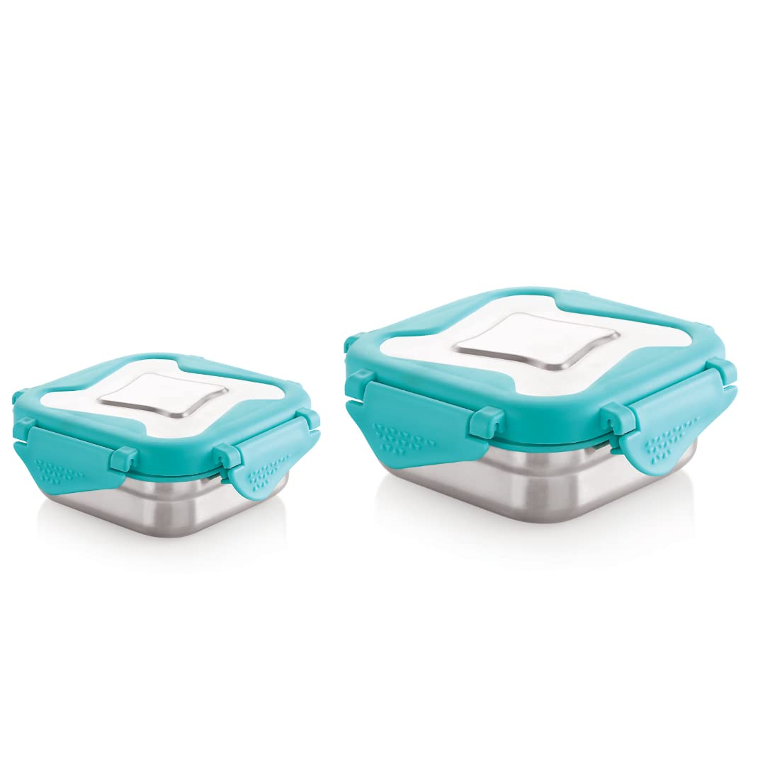 STEELLOCK Smart Stainless Steel Tiffin Lunch Box for Kids and Adults | Airtight & Leakproof | Square Tiffin Box for School & Office with Steel Lid | Turquoise 250 ml & 360 ml 1 pc Each
