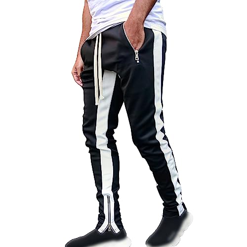 Maiyifu-GJ Men's Contrasting Color Pants with Zipper Pocket Middle Waist Drawstring Sweatpants Elastic Quick-Drying Slacks
