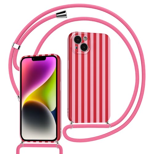 Kueqeay Handyband für iPhone 15 6 1 Hülle mit Band Kette Aesthetic Rosarot Gestreift Striped Motiv Verstellbarer Halskette Handyhülle mit Kordel zum umhängen Silikon Stoßfest Schutzhülle 01