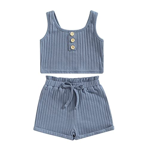 Toddler Girl Clothes Baby Girl Summer Outfit 2Pcs Ribbed Sleeveless Shirt Tank Top and Shorts Solid Color Set (Blue,12-18 Months)