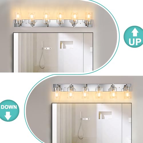 Image of 6-Light Bathroom Light Fixtures Modern Chrome Vanity Lights | Easy to Install Clear Glass Shades, Wall Mount Up or Down, E26 Socket, Hardwired, 129V