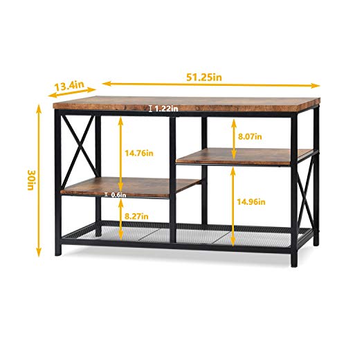 NSdirect Console Sofa Table,51\" Rustic Console Table&TV Stand,Industrial 3-Tier Long Hallway/Entryway Table with Storage Open Bookshelf for Living Room Bedroom Entryway,Brown Oak
