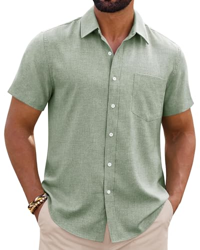 siliteelon Leinenhemd Herren Kurzarm Sommer Regular Fit Atmungsaktiv Leicht Lässiges Freizeithemd Strand Business Casual Hellgrün XL