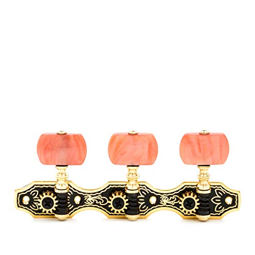 DJ208GK-P1R TENOR Classical Guitar Tuners, Tuning Key Pegs/Machine Heads for Classical or Flamenco Guitar with Black and Gold Plated Finish and Red Buttons.