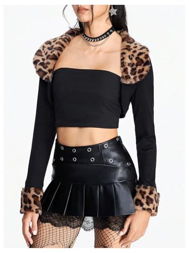 WDIRARA Women's Leopard Pattern Fuzzy Collar Long Sleeve Crop Coat Open Front Shrug Outerwear3