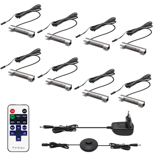 HURYEE Glaskantenbeleuchtung LED Vitrinenbeleuchtung LED mit Fußschalter und RF-Fernbedienung Clips Warmweiß Glaskantenbeleuchtung Dimmbar für Glasvitrine Vitrinen Regale Tisch Displays 8er Set