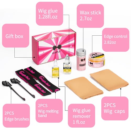 Wig Glue for Lace Front Wigs Lace Glue for Wig, Strong Hold Lace Glue for Lace Front Wig Lace Adhesive Hair Replacement with Remover, Wig Band, Hair Wax Stick, Edge Control Wig Installation Kit(10pcs)