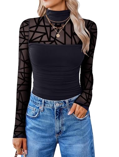 Image of Avidlove Women Long Sleeve Bodysuit Turtle Neck Shapewear Body Suits Mesh One Piece Leotard Shirt Going Out Tops Fall Outfits