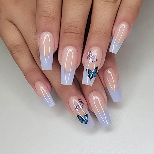 Bramian 24 Uñas postizas con diamantes de imitación de mariposa de ataúd, uñas postizas largas, brillantes, de cobertura completa, uñas postizas para mujeres y niñas (B) Cover