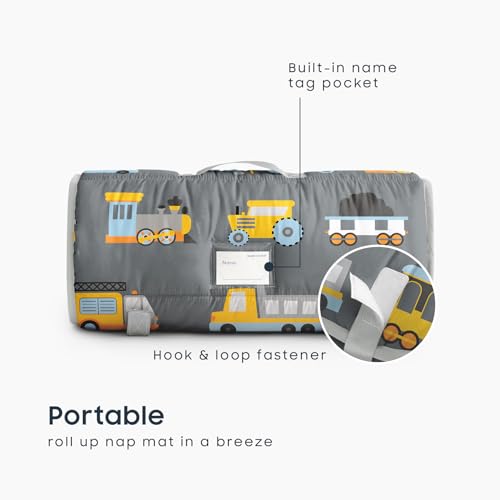 Image of Wake In Cloud - Toddler Nap Mat with Pillow and Minky Fleece Blanket, for Kids Boys Ages 3 Plus in Daycare Preschool Kindergarten, Roll Up Sleeping Bag, Planes Trains Trucks