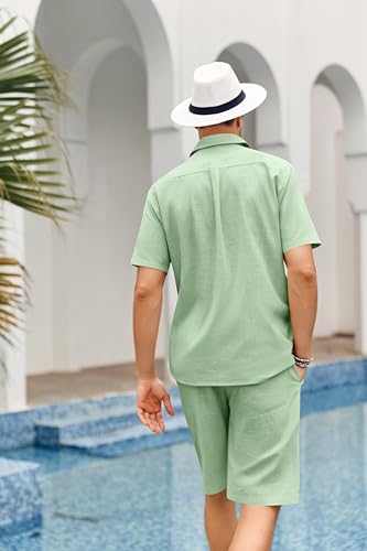 Runcati Herren 2 Stück Leinen Set Regular Fit Knopfleiste Strand Hemd und Shorts Kurzarm Sommer Outfits Minzgrün L