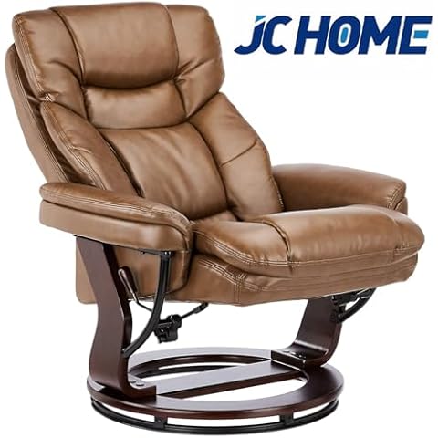 JC HOME Contemporary Palomino Leather Recliner and Ottoman with Swiveling Mahogany Wood Base, Palimino Cover