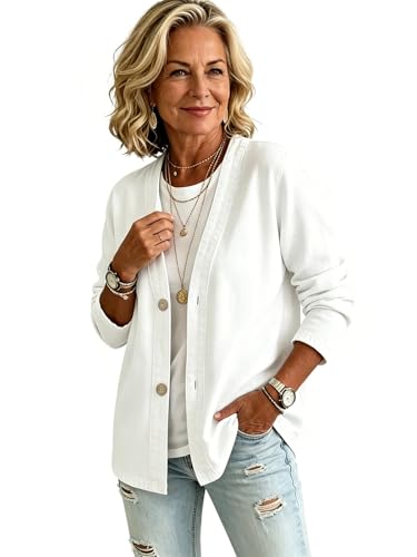 KALIHANA Womens Classic Button Front Denim Jacket V-Neck Lightweight Spring Layer Figure-Flattering Casual Style (White XX-Large)