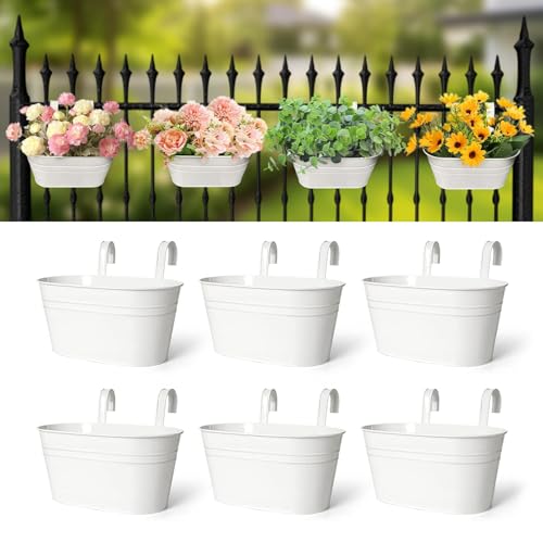 Balcony Railing Planters, 6 PCS Porch Fence Railing Planters, Metal Iron Hanging Flower Pots Fence Planters for Outdoor Plants and Flowers with Detachable Hooks (White)