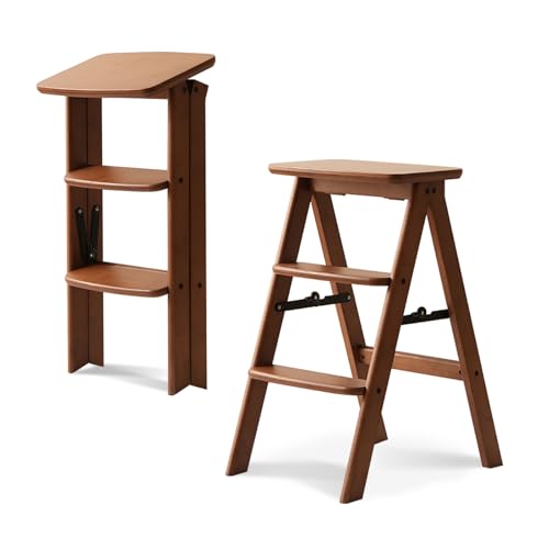 Baveke 3 Step Ladder Folding Step Stool Wooden Step Stool Foldable Folding Step Stools for Adults Bamboo Kitchen Ladder Three Stepladder for Library (Brown FSC-Certified Bamboo)