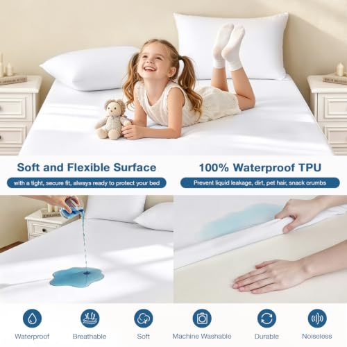 Image of Safe and Sound Mattress Protector, Premium 100% Waterproof Mattress Cover, Noiseless Breathable Soft, Fitted Deep Pocket 8-21'' Bed Cover Twin 2PACK
