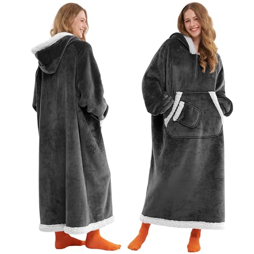 Giggling Getup Wearable Blanket Hoodie for Women Men Gifts for Women Mom Wife Sherpa Fleece Long Hooded Blanket Sweatshirt Cozy Sherpa Wearable Throw with Pocket & Sleeves for Adult Standard Dark Grey
