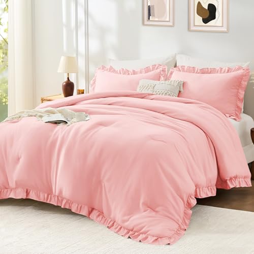 Image of FUANNA Full Size Comforter Sets Pink, 3 Pieces Ruffle Full Size Bedding Sets, Fluffy Bed in a Bag Full for All Seasons, Shabby Chic Full Bed Set with 1 Lightweight Comforter & 2 Pillowshams