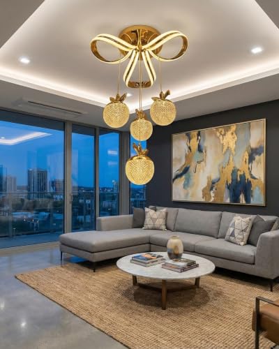 Image of swanart Applora Modern LED Apple Hanging Ceiling Light, Decorative Gold Chandelier, Designer Ceiling Light, Pendant Light for Living Room, Bedroom & Dining Room