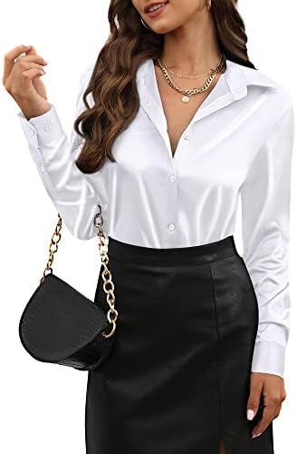 button down shirts for women satin silk blouse long sleeve tunic womens dress shirt blouses tops fitted collared button-down collar stretch trendy formal work comfy dressy casual sexy top White Size M