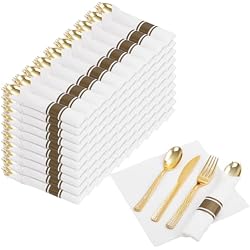 Nervure 400PCS Pre Rolled Gold Plastic Silverware Sets, Hammered Cutlery | 100 Pack Wrapped Disposable Utensils with Napkins for Parties, Dinners & Weddings, Heavy Duty, BPA Free