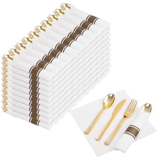 Nervure 400PCS Pre Rolled Gold Plastic Silverware Sets - Heavy Duty Hammered Gold Cutlery Include 100 Pack Wrapped Disposable Utensils with Napkins for Parties, Dinners & Weddings