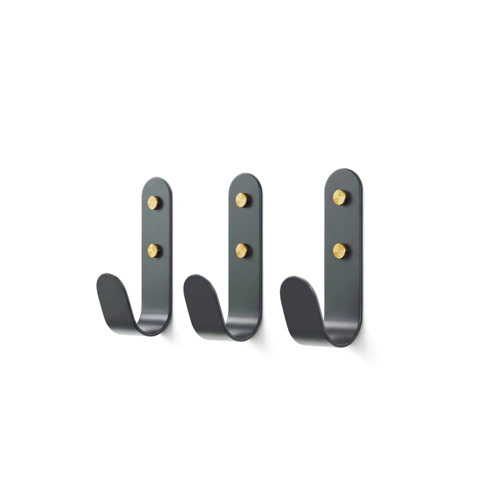 The Hairpin Leg Co. [HLC Metal J Wall Hook. Chunky Modern Playful Coat Hook - [Graphite Grey/Brass, 3 Pack]