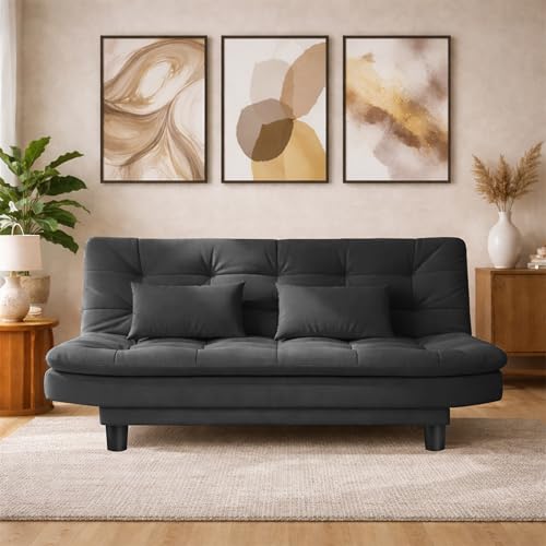 Image of Modern 3 Seater Sofa Cum Bed with Cushions, Foldable Convertible Couch, Velvet Fabric Sleeper Sofa for Living Room, Guest Room, Black