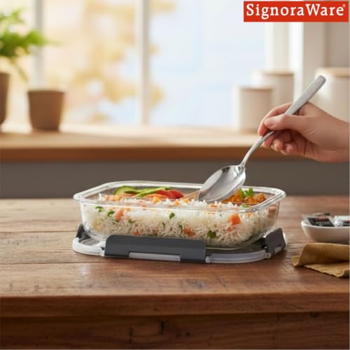 Image of SignoraWare Slim Borosilicate Glass Rectangular Three Compartment Lunch Box,(1.1 LTR, Clear), Leakproof Silicone Seal, Heat Resistant, Keeps Food Fresh, Great for Office & Outdoor Activities