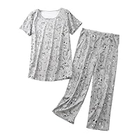 Uwdiohq Women's Cotton Pajama Set Cute 2 Piece Comfy Summer V Neck Short Sleeve Shirt Sleepwear Felpa Davanti (Grey, XL) Pigiama Donna Cotone Leggero Primaverile di Marca XXL Parto Ospedale