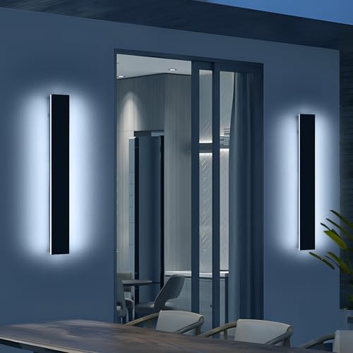 Image of 2 Pack 31.4inch Modern Exterior Wall Lights, 6000K Cold White, Outdoor Wall Mount Linear Sconces, 31W, IP65 Waterproof Minimalist Strip Led Lighting for House, Porch, Garage, Garden