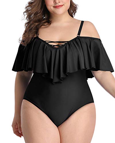 Daci Black Plus Size One Piece Swimsuits for Women Off Shoulder Flounce Bathing Suits Ruffle Tummy Control Swim Suits 22 Plus