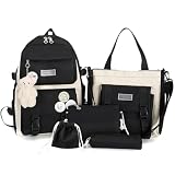 Kit Mochila Escolar 5 Peças Nylon Multifuncional com Estojo e Bolsas Mochila Feminina Masculina para Escola Viagem(Preto-9043)