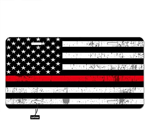Lefolen American Flag Red Line Front License Plate Covers Grunge Nation USA Flag Support for Firefighters Decorative Car Metal Plates Vanity Tag Aluminum Novelty License Plate 6 X 12 Inch